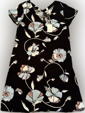 NWT A New Day Sz Medium Black Midi Dress with Cream, Blue, Pink Floral Print